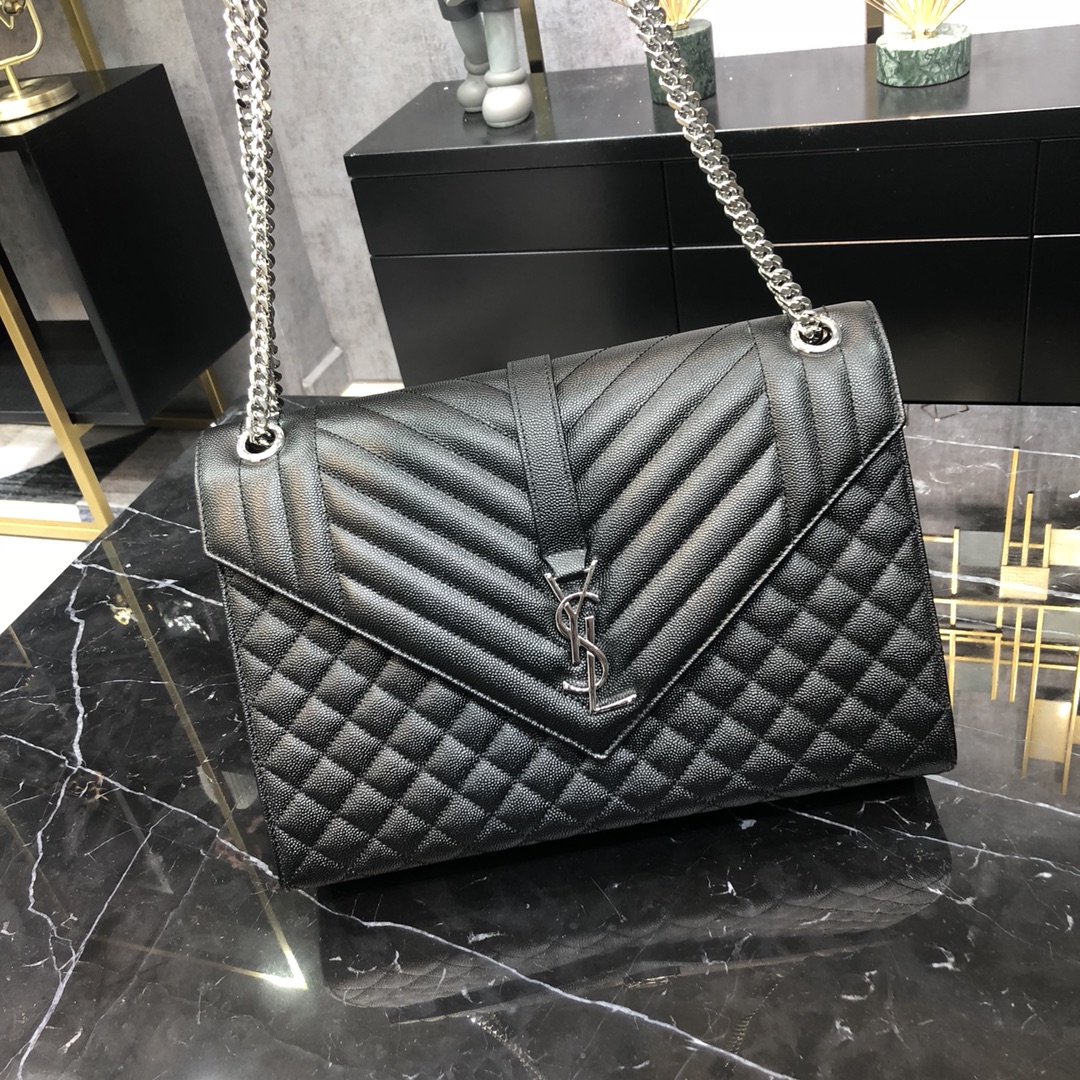 Saint Laurent Envelope Large Grain Quilted Calfskin Handbag Black 487198 Silver 